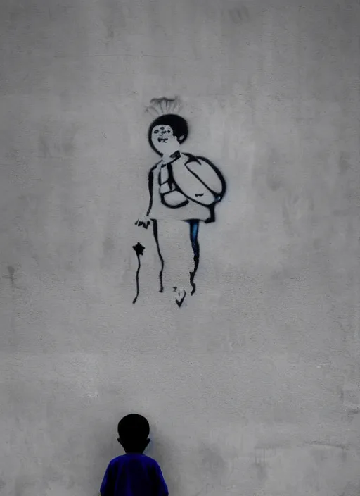 Image similar to a side profile of a black and white graffiti of boy holding a single dark blue balloon on a concrete background in the style of Banksy, graffiti, digital art