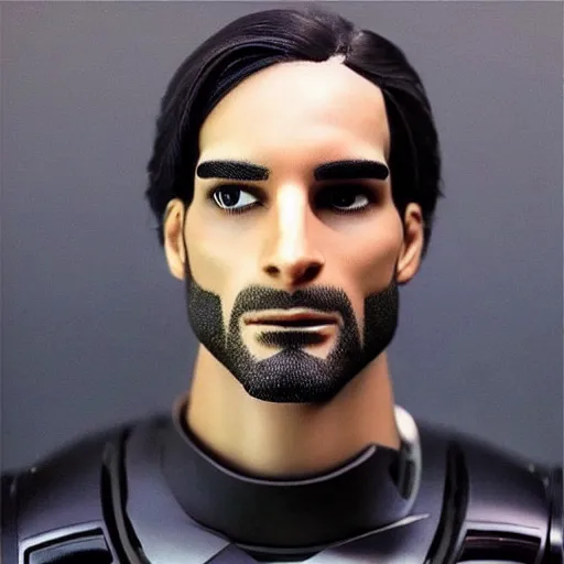 Image similar to “a realistic detailed photo of a guy who is an attractive humanoid who is half robot and half humanoid, who is a male android, Seth Rollins, shiny skin, posing like a statue, blank stare”