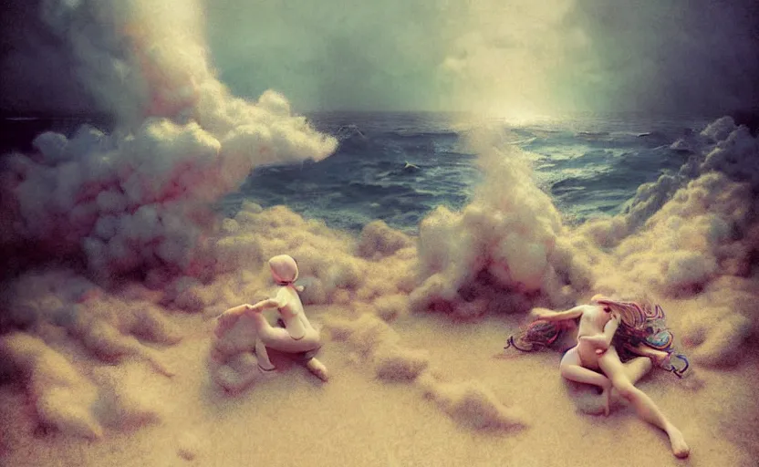 Prompt: explosion made of cotton on a beach, sea, fantasy, intricate, amazing composition, realistic, by ruan jia, by maxfield parrish, by marc simonetti, by hikari shimoda, by robert hubert, by zhang kechun, gloomy