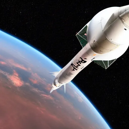 Image similar to a rocket ship mixed with boeing 7 7 7 in outer space heading to mars