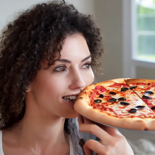 Prompt: woman eating a pizza with bones