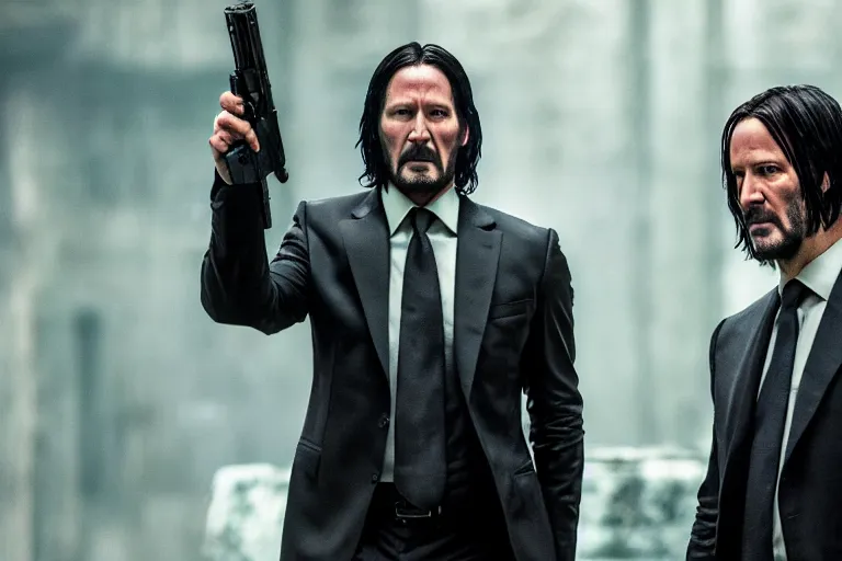 Prompt: John wick in the matrix fighting agent smith, cinematic