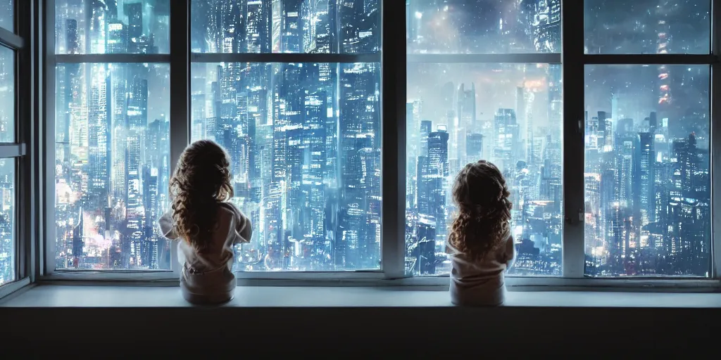 Image similar to overlooking on night city cyberpunk from floor to ceiling window, one little girl, beautiful hair at the back, looking out the window, liminal, cinematic, dreamscape