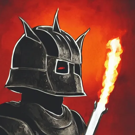 Image similar to a black knight in shining armor, a terrible mask on his face, eyes burning with red fire. a boy is standing next to him and he has a sword in his hands