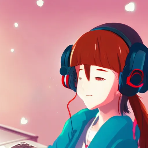 Prompt: lo - fi anime girl, wearing a blue cardigan and red aesthetic lo - fi headphones, studying in a brightly lit room, a lamp hovers above as it illuminates the room, nighttime!!!!!!, cgsociety contest winner, artstation, dim lighting, studio ghibli!!!, 4 k