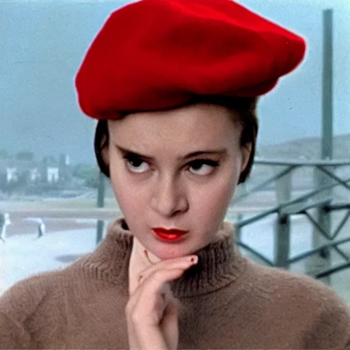 Prompt: still from a masterpiece 1 9 6 0 s french art film, very beautiful and elegant girl in beret with large eyebrows with an angry expression, moody lighting, viewed from afar, cinematic shot, the camera is focused on her conversation with a man, the movie is in color