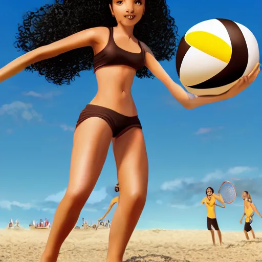 Prompt: A brown girl with black curly hair playing beach volleyball at the beach, highly detailed, artstation, 8k,