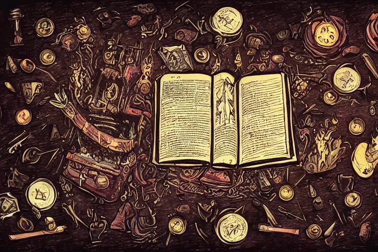 Prompt: a gonzo illustration of an open spellbook on an antique table, melting candles, sacrificial dagger, ink and quill, coins, micro details, masterpiece, dramatic lightning, very high details, viewed from above, by godmachine