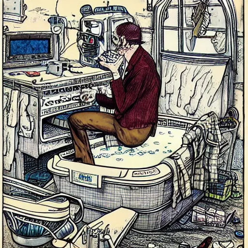 Image similar to The Artwork of R. Crumb and his Cheap Suit mixing whiskey in the bathtub, pencil and colored marker artwork, trailer-trash lifestyle