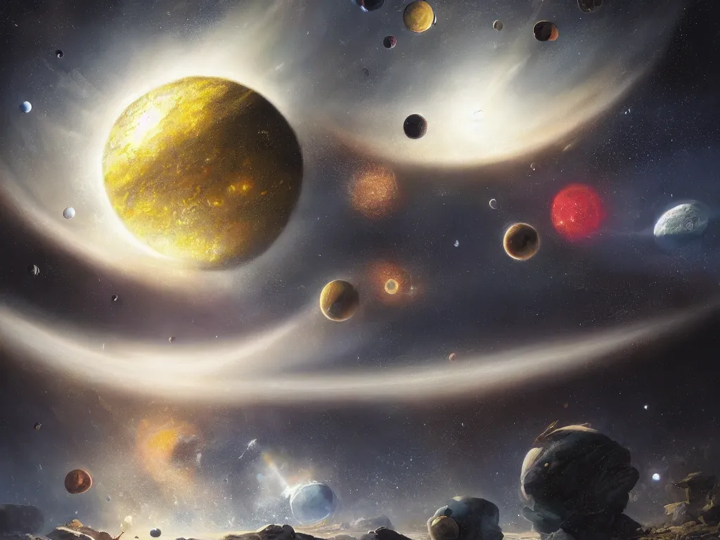 Prompt: A beautiful painting of a five big planets, shining its light by Darek Zabrocki and thomas kinkade, There are five planets that are black, white, yellow, red, and blue, Trending on artstation, concept art, dark style, black background