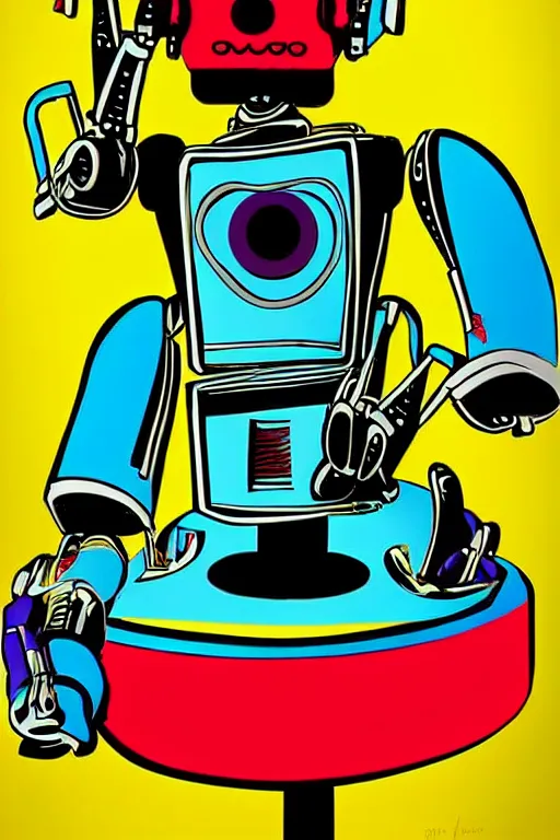 Prompt: extreme wide shot of a robot pirate, wearing an eye patch, Bionic Arms. pop surrealism, pop art. digital art. by Andy Warhol, wide shot