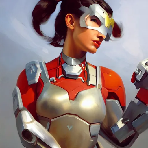 Image similar to greg manchess portrait painting of a female ironman as overwatch character, medium shot, asymmetrical, profile picture, organic painting, sunny day, matte painting, bold shapes, hard edges, street art, trending on artstation, by huang guangjian, gil elvgren, ruan jia, greg rutkowski, gaston bussiere