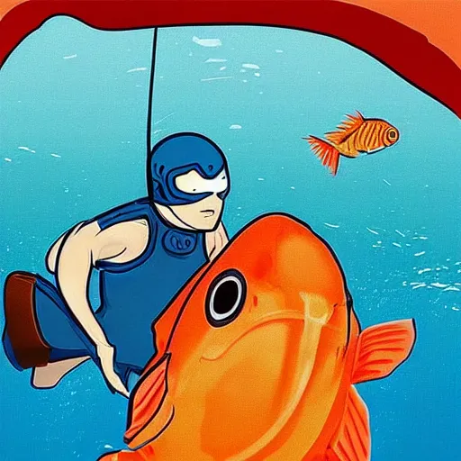 Image similar to “ a goldfish man superhero fighting an oil baron on a yacht. ”