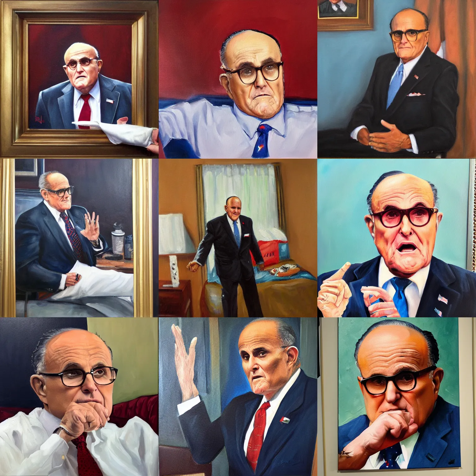 Prompt: Oil painting of Rudy Giuliani in a hotel room with his hand in his pants, cinematic