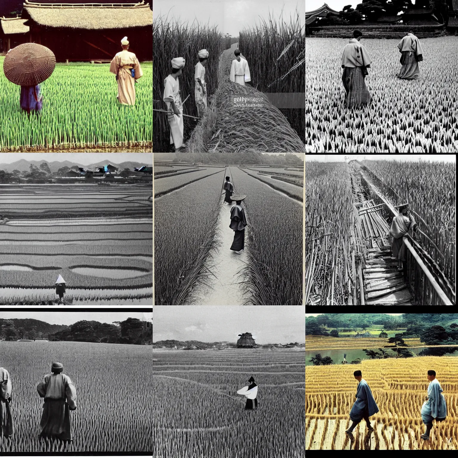 Prompt: seven ronins walk through rice fields, medieval Japan, silhuets, movie 47 ronins 1941