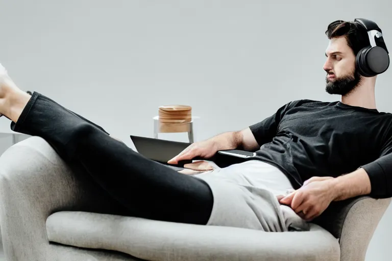 Prompt: a caucasian man who is deep in thought is wearing a white t - shirt and he is wearing black sweat pants and he is wearing headphones and he has an open laptop on his lap and he is relaxing in a brown leather chair that is in the reclining position