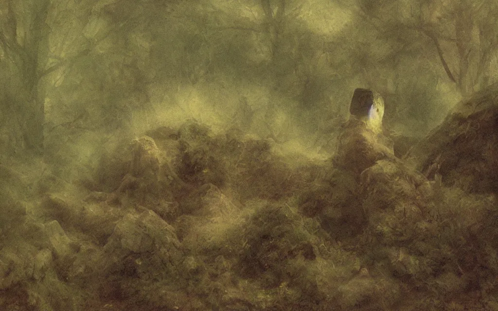 Image similar to the sleeping stone prince submerged in shadow and mist overgrown garden (melancholy), exquisite painting, moody colors chromatic aberration