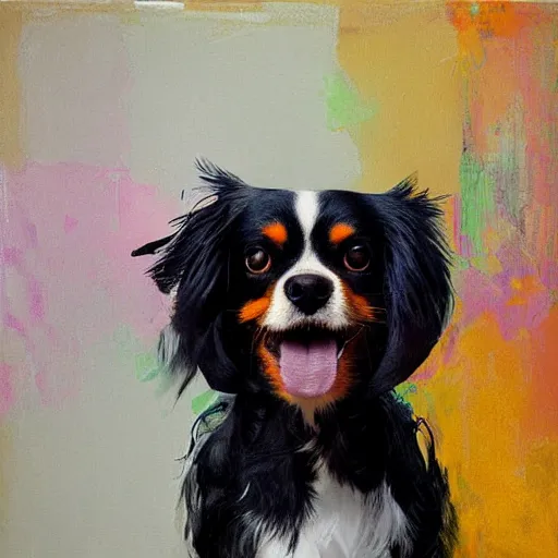 Prompt: abstract painting of a happy, open mouth, smiling, black cavalier king charles spaniel in bright colours by jeremy mann