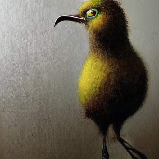 Prompt: an oil painting of a kiwi bird by esao andrews. circa survive album cover art. dark. muted colors. gothic. oil painting with brush strokes. creepy.