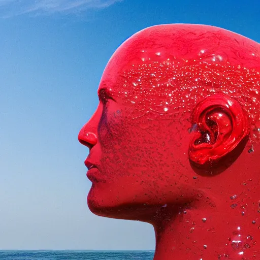 Prompt: a giant human head sculpture in the sea made out of red jelly, in the style of chad knight, long shot, hyper detailed, hyper realistic, ray tracing, 8 k resolution, sharp focus, realistic water, award winning