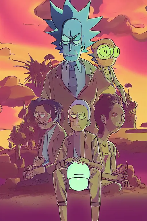 Image similar to portrait concept art painting of alternate reality rick and morty, artgerm, moebius, inio asano, toon shading, cel shading, smooth, calm, tranquil, vaporwave colors,