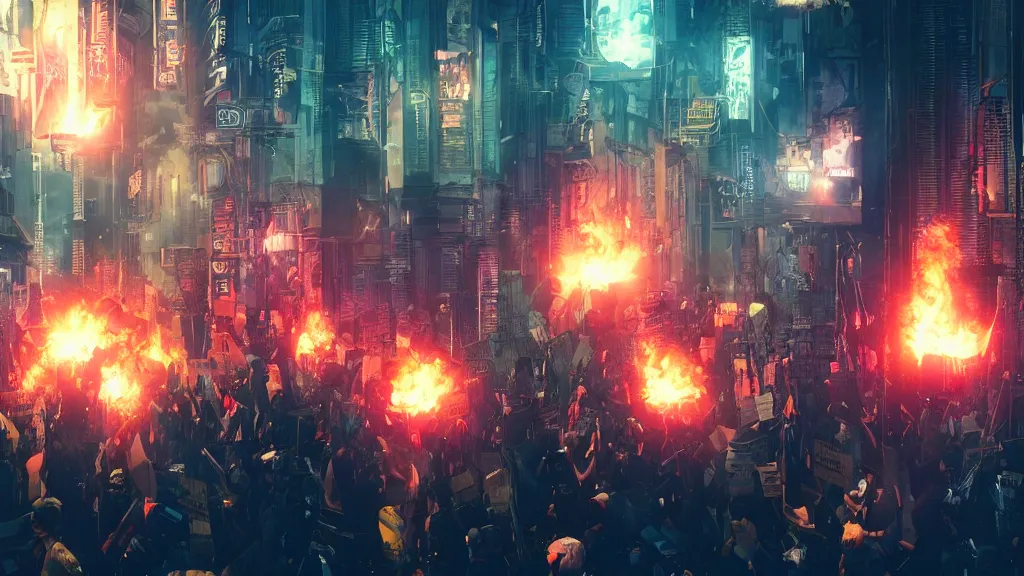 Prompt: angry protesters holding placards, digital illustration by greg rutkowski, fire, android netrunner, nighttime, cyberpunk city background, colored lighting