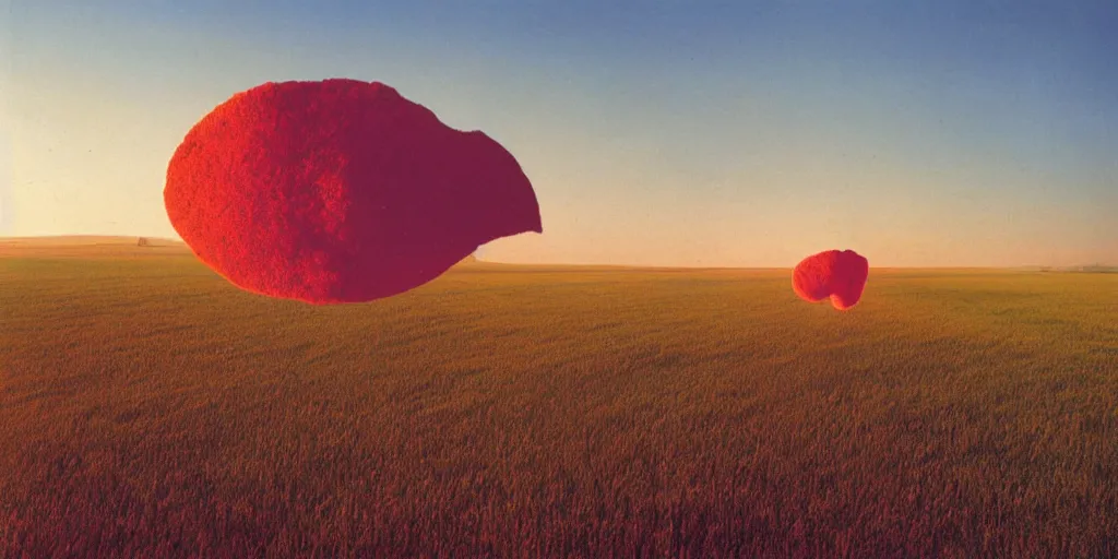 Image similar to hipgnosis storm thorgerson artwork a giant ear floating above a field in england at sunrise