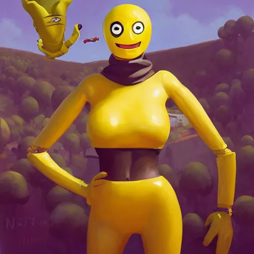 Image similar to greg manchess portrait painting of peely the humanoid banana from fortnite as overwatch character, medium shot, asymmetrical, profile picture, organic painting, sunny day, matte painting, bold shapes, hard edges, street art, trending on artstation, by huang guangjian, gil elvgren, ruan jia, greg rutkowski, gaston bussiere