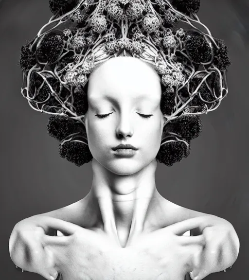 Prompt: dark background, a black and white high quality dreamy photo of a young beautiful female queen-vegetal-cyborg bust with a very long neck and delicate Mandelbrot fractal face, anatomical, facial muscles, veins, arteries, elegant, highly detailed, flesh highly baroque ornate, hair are curled wired cables, elegant, poetic, soft, dreamy, mysterious, high fashion, rim light, in the style of Ellen von Unwerth, Realistic, Refined, Digital Art, Highly Detailed, Cinematic Lighting, rim light, black and white, photo-realistic, 8K