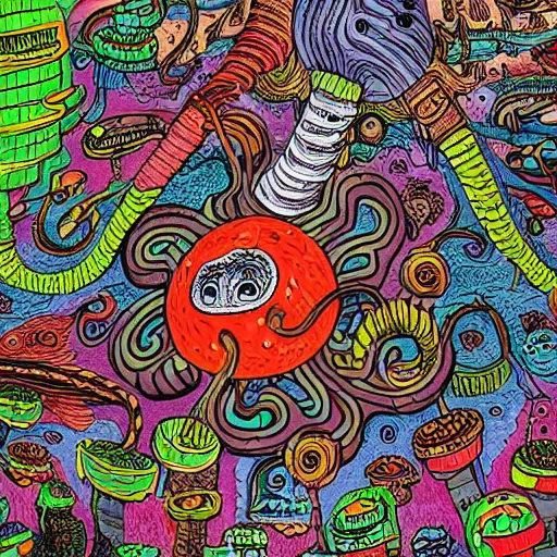 Prompt: impossibly detailed & intricate illustration of the azathoth devouring the earth, colored, by jon burgerman, super refined, 8 k, detailed line work