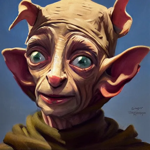 Image similar to greg manchess portrait of dobby the house elf wearing a jester hat, organic painting, sunny day, matte painting, bold shapes, hard edges, street art, trending on artstation, by huang guangjian, gil elvgren, ruan jia, randy vargas, greg rutkowski