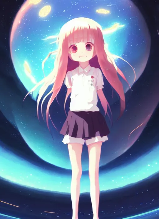 Prompt: portrait of a very cute girl with big eyes big smile, very anime space background illustration concept art anime key visual trending pixiv fanbox by wlop and greg rutkowski and makoto shinkai and studio ghibli and kyoto animation