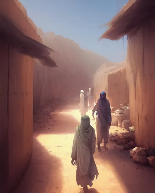 Prompt: beautiful bedouin walking to mosque, detailed portrait, cell shaded, 4 k, vivid colours, concept art by wlop, ilya kuvshinov, artgerm, krenz cushart, greg rutkowski, pixiv. cinematic dramatic atmosphere, sharp focus, volumetric lighting, cinematic lighting, studio quality