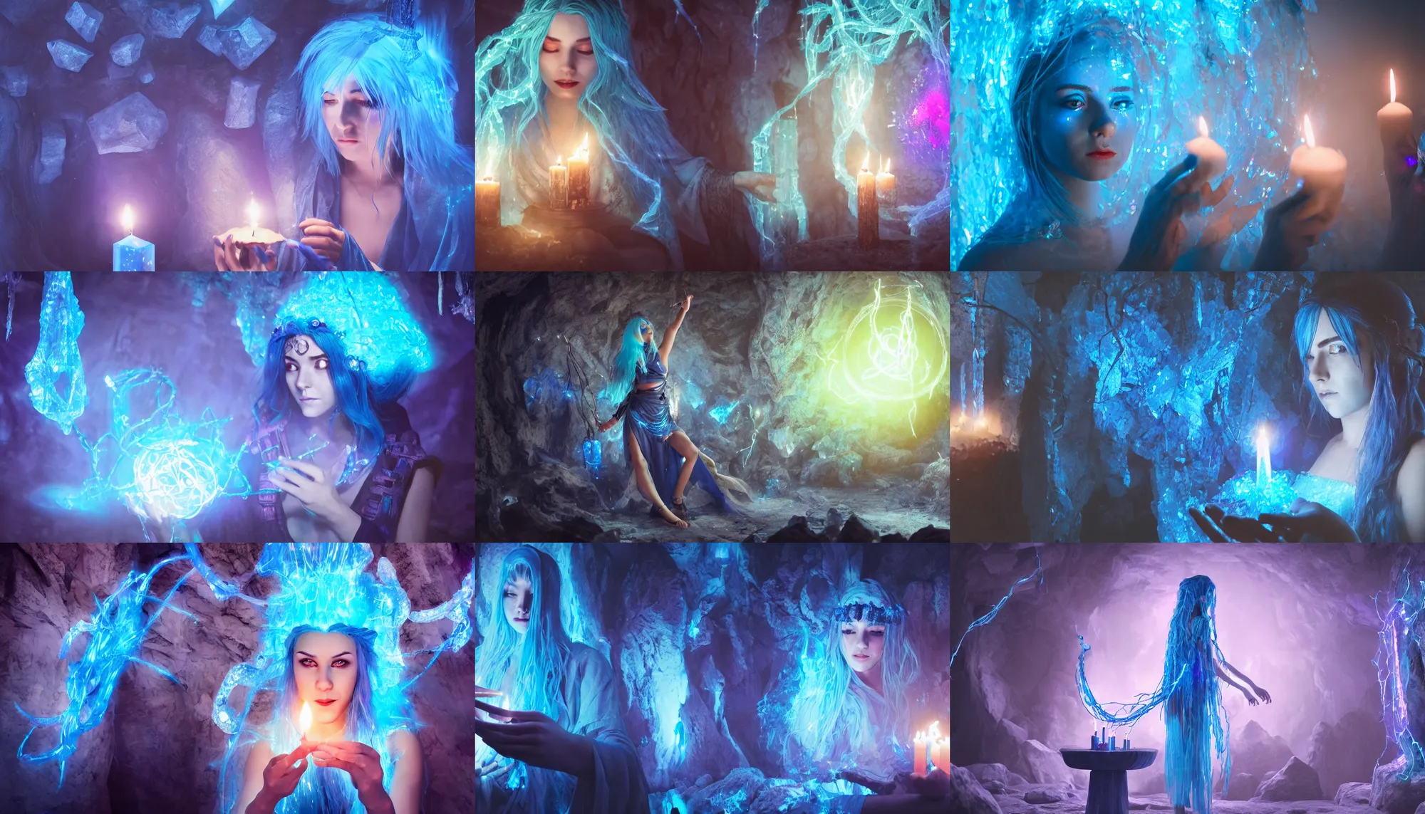 Prompt: blue haired female casting a spell, sigils, floating runes, floating candles, flowing robes, in a cave with glowing crystals on the walls, electric vines, fantasy, cinematic composition, dramatic lighting, octane render, trending, 8 k,