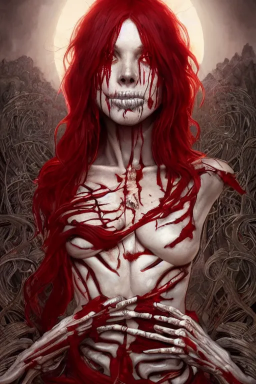Prompt: woman skeleton covered with blood, long red hair, ultra realistic, concept art, intricate details, highly detailed, photorealistic, octane render, 8 k, unreal engine. art by artgerm and greg rutkowski and alphonse mucha