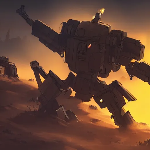 Prompt: a mech with guns on each arm preparing for combat, battlefield, dead trees, fire, smoke, dark clouds, slightly sunny, ominous, intense, epic, extremely detailed, cinematic lighting, studio ghibli, anime,
