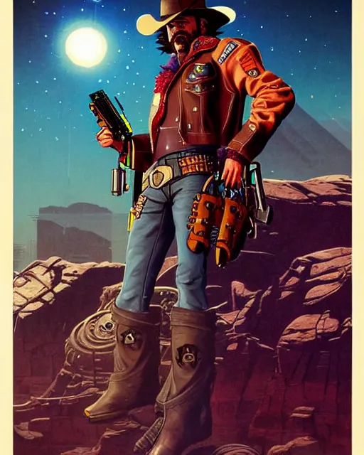 Prompt: mccree from overwatch, space cowboy, outter space, character portrait, portrait, close up, concept art, intricate details, highly detailed, vintage sci - fi poster, retro future, vintage sci - fi art, in the style of chris foss, rodger dean, moebius, michael whelan, and gustave dore