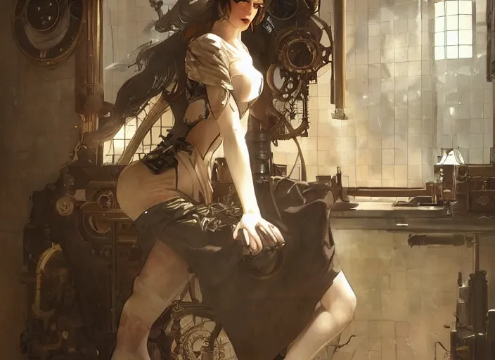 Image similar to woman model, steampunk!!! and modern, neutral colors, in a bathroom, backlit, elegant, highly detailed, digital painting, artstation, concept art, smooth, sharp focus, illustration, art by krenz cushart and artem demura and alphonse mucha