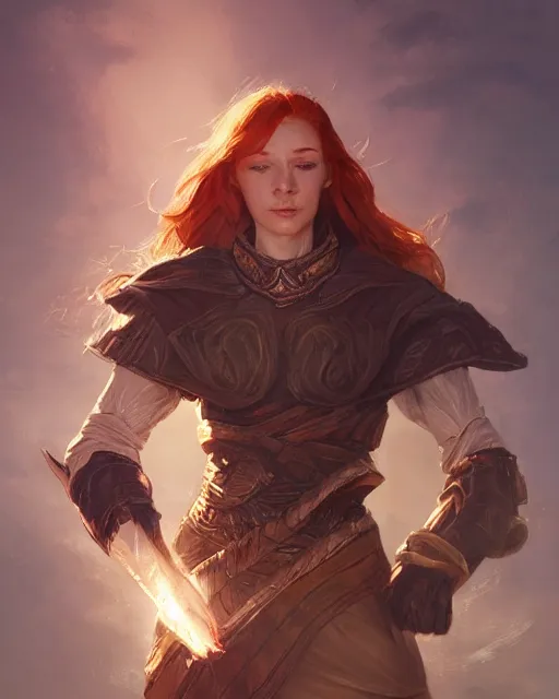 Prompt: the elder scrolls vi, charismatic rugged female redhead breton mage portrait, illustration, rim light, top light, perfectly shaded, golden hour, epic, intricate, soft painting, art by ross tran, krenz cushart and wenjun lin