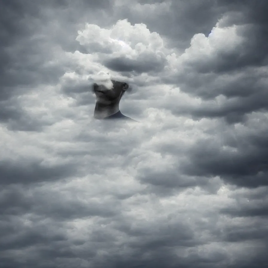 Prompt: artwork of a headless man with one stormy cloud floating above his shoulders