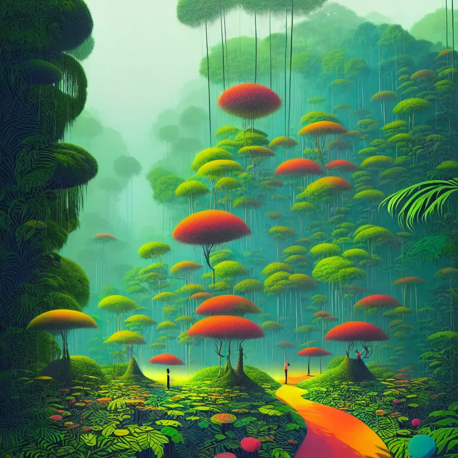 Prompt: surreal glimpse, malaysia jungle, summer morning, very coherent and colorful high contrast pastel art by gediminas pranckevicius james gilleard james gurney floralpunk screen printing woodblock, dark shadows, hard lighting, stippling dots,