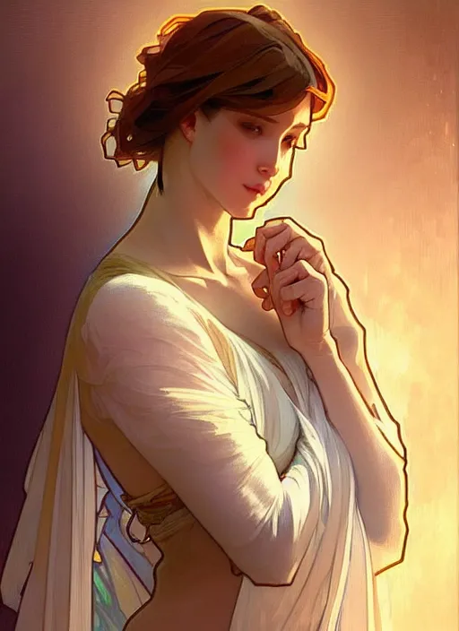 Image similar to digital character concept art by artgerm greg rutkowski alphonse mucha. clear portrait of a shy modern wife blessed by god to grow immaculately fertile and perfect!! blonde, in clothes! holy body! light effect. hyper detailed, glowing lights!! intricate, elegant, digital painting, artstation, smooth, sharp focus