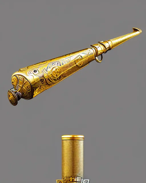 Prompt: A ping pong launcher weapon, highly detailed, intricate gold patterns, sharp focus, art by Artgerm and Greg Rutkowski and WLOP
