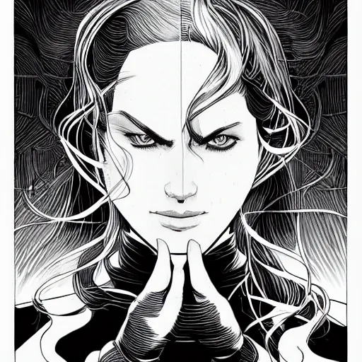 Image similar to clean simple line art of a woman. white background. well composed, clean black and white line drawing, beautiful detailed face. illustration by josan gonzalez and steve ditko and greg rutkowski