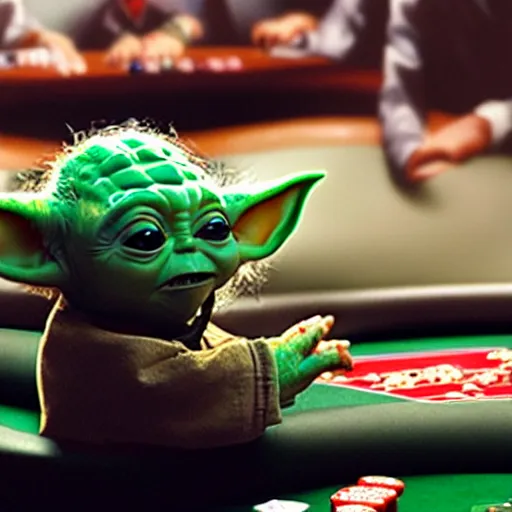 Prompt: baby yoda in a casino playing poker