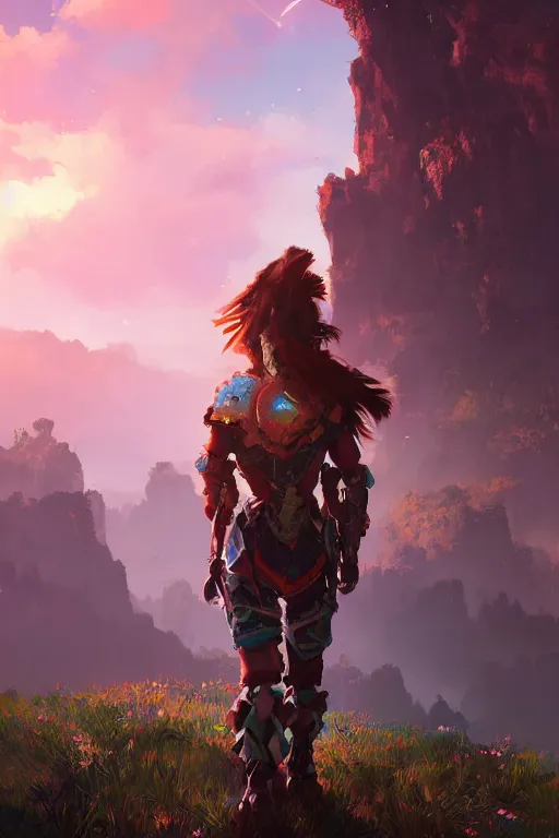 Image similar to combination suit armor aloy horizon forbidden west horizon zero dawn radiating a glowing aura global illumination ray tracing hdr fanart arstation by ian pesty and alena aenami artworks in 4 k tribal robot ninja mask helmet backpack