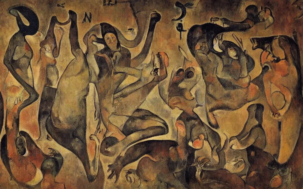 Prompt: lascaux cave paintings, gauguin, goetic faustian sigils, lingam and yoni