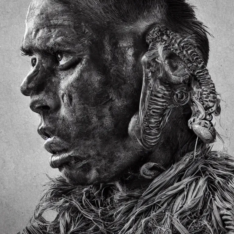 Prompt: surreal spinal ribbed tribal exotic organic face portrait of a beautiful aboriginal man, beautiful detailed intricate insanely detailed BW 3D render digital art, octane render, 8K artistic photography, photorealistic