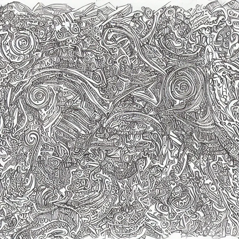 Image similar to notebook doodle architecture sketch with extremely intricate psychedelic patterns hyper detailed linework pen and paper