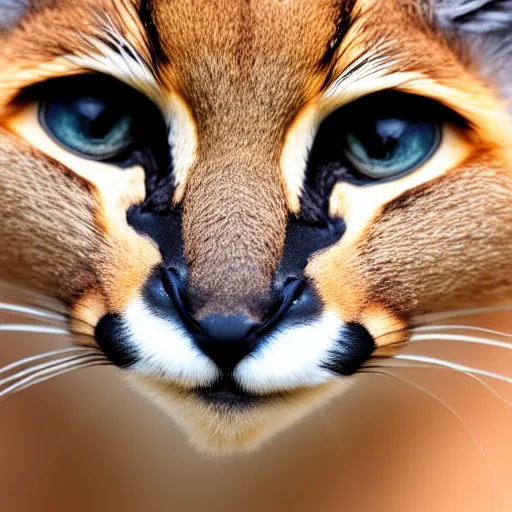 Prompt: a photo of cute fluffy caracal wearing toga, close up portrait, studio photography, 8 k